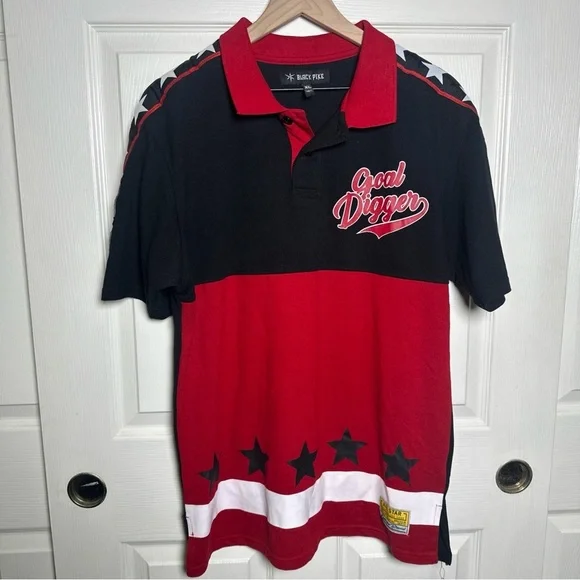 Black Pike Men’s Red Button Jersey XL Shirt Goal Digger Cotton Stars Stripes USA - Picture 1 of 14